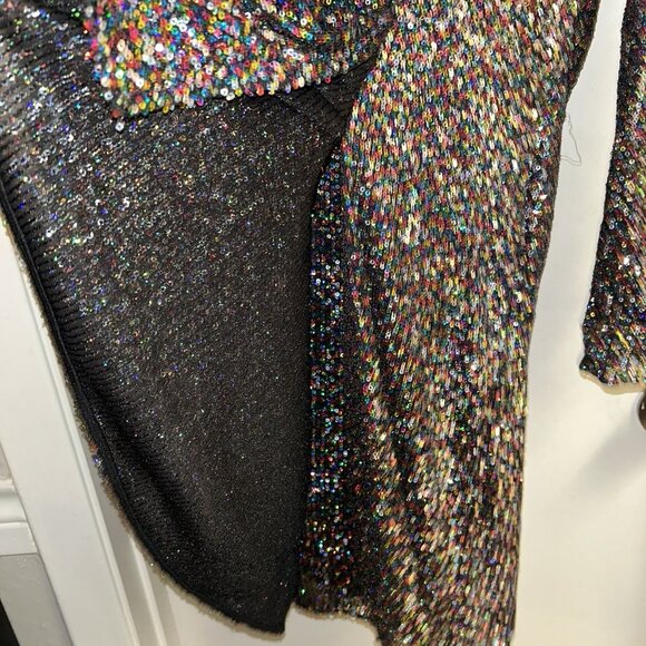 Lucy Paris Black Multicolor Sequenced Faux Wrap Holiday Mini Dress Size Large - Picture 5 of 11